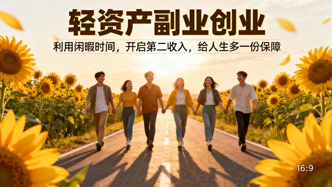 副业创业总结宣传海报，主标题："轻资产副业创业"，副标题："利用闲暇时间，开启第二收入，给人生多一份保障"，阳光向日葵背景，一群微笑的年轻人携手向前，积极正能量风格，主副标题清晰分明，字体醒目，排版舒预览效果