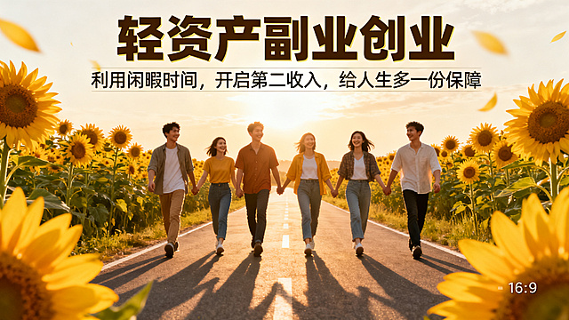 副业创业总结宣传海报，主标题："轻资产副业创业"，副标题："利用闲暇时间，开启第二收入，给人生多一份保障"，阳光向日葵背景，一群微笑的年轻人携手向前，积极正能量风格，主副标题清晰分明，字体醒目，排版舒适，尺寸比例16:9，画面元素包含向日葵和道路元素。