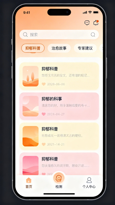 移动端抑郁症测试小程序首页UI设计，整体风格温馨治愈，暖色调，主色调为淡橙色、柔粉色和米黄色，细腻渐变和轻柔阴影。所有卡片都是大圆角，图标线条圆润。顶部是搜索栏，下方是横向滑动分类筛选标签：抑郁科普、预览效果