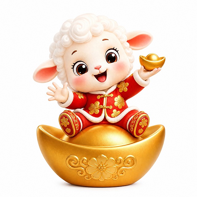 将小羊的双手改为有5个手指的正常拟人手，手指清晰分明；将小羊的脚换成红色的中式新年鞋子，鞋子上有金色花纹装饰，与年服风格搭配，可爱喜庆。其余保持不变：卡通3D渲染风格，可爱的羊吉祥物坐在大金元宝上，头上白色卷毛，身体圆润饱满，大而明亮的眼睛，穿着喜庆红色年服，年服上有金色花朵装饰，左手举着小金元宝，右手自然抬起，表情欢快可爱，元宝上有花朵花纹装饰，纯白色背景，3D卡通渲染质感，柔和光线，细节精致