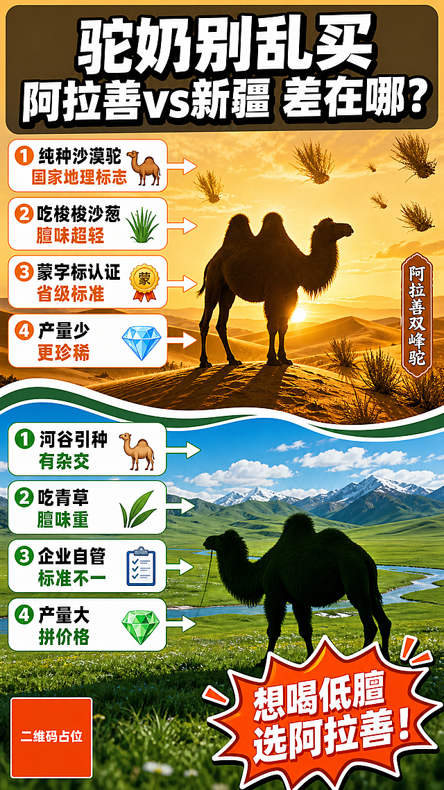 一张竖版9:16的创意对比海报，主题为「驼奶别乱买」。画面采用上下分屏创意对比结构，上半部分是一只站在巴丹吉林金色沙丘上的阿拉善双峰驼剪影，沙漠日出暖金色调，天空飘着几朵梭梭草；下半部分是站在绿色河谷草原上的骆驼剪影，天青云绿草甸，冷绿色调。中间用一条波浪形分割线隔开，形成强烈的视觉反差。顶部大字标题横跨画面："驼奶别乱买 阿拉善vs新疆 差在哪？"，字体粗黑醒目带轻微描边，白色字配深色半透明底条。分割线上下各有四个大白底圆角标签，用箭头指向对应场景，文字极其直白：上半部分（阿拉善）四个标签："①纯种沙漠驼 国家地理标志""②吃梭梭沙葱 膻味超轻""③蒙字标认证 省级标准""④产量少 更珍稀"；下半部分（新疆）四个标签："①河谷引种 有杂交""②吃青草 膻味重""③企业自管 标准不一""④产量大 拼价格"。每个标签配emoji小图标（骆驼/草叶/奖章/钻石），活泼有趣。右下角贴一个爆炸形贴纸："想喝低膻选阿拉善！"，橙红底白字超醒目。整体风格为小红书爆款大字报风，视觉冲击力强，创意场景对比，文字直白口语化，配色鲜亮明快，版式活泼有设计感，四周留安全边距。画面中所有二维码区域使用纯色方块占位符呈现，方块中央标注"二维码占位"文字，严禁生成任何可识别的二维码图案。画面中所有信息区域、对比模块、卖点条目必须填充完整合理的内容，不得出现空白框、空白占位、空列表项，确保是完整可用的成品海报。画面中必须完整呈现以下文字信息：主标题"驼奶别乱买 阿拉善vs新疆 差在哪？"、阿拉善4个卖点标签（纯种沙漠驼 国家地理标志/吃梭梭沙葱 膻味超轻/蒙字标认证 省级标准/产量少 更珍稀）、新疆4个对比标签（河谷引种 有杂交/吃青草 膻味重/企业自管 标准不一/产量大 拼价格）、右下角贴纸"想喝低膻选阿拉善！"。