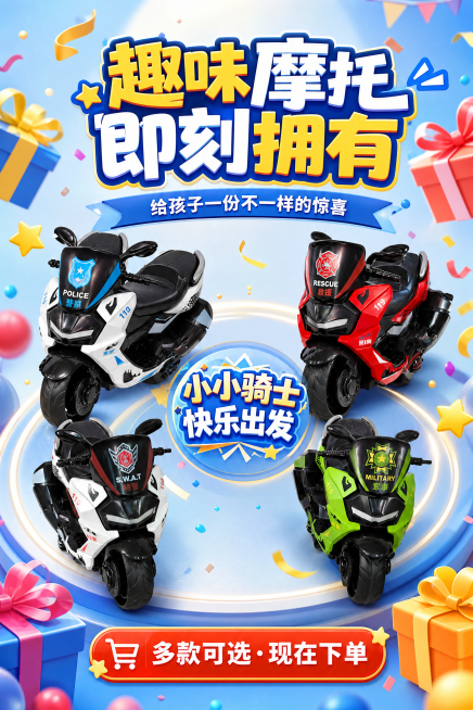 2:3竖屏，明亮的背景，4款摩托玩具围绕画面中央的文字排列，整体氛围活泼热闹。主标题“趣味摩托，即刻拥有”，副标题“给孩子一份不一样的惊喜”，布局为顶部标题+中间产品合集图+底部购买引导文字，文字字体预览效果