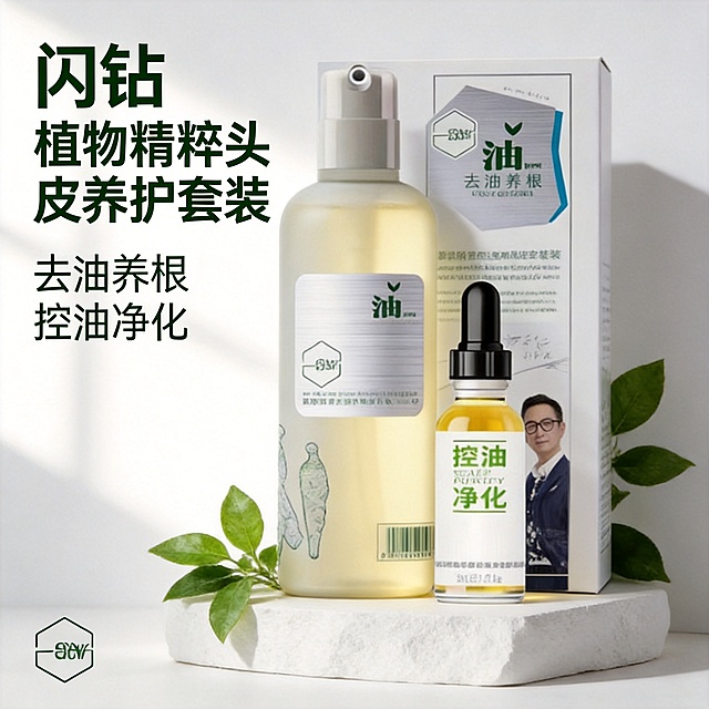 [主图 1] 闪钻植物头皮养护套装品牌调性首图
[氛围风格] 纯净自然科技感，高端个护风格
[画质] 商业摄影质感，光线柔和通透，产品清晰真实，画面干净高级
[元素] 本次生成控油去油养根款套装，产品包含大瓶洗发水和精华液，居中展示，周围搭配新鲜绿叶植物点缀，放置在极简白色石膏静物台。保持产品外观（物理结构、材质质感、颜色）与输入产品图绝对一致，杜绝任何变形和色差，精细化处理。商品主体占比严格控制在70%左右，画面满屏无边框
[光影] 柔和自然窗光，主光从左侧打入，瓶身突出透光感和质感，右侧辅光柔化阴影，整体通透亮调，无硬阴影
[配色] 主色调白色浅灰，辅助绿色点缀，清新自然
[视角构图] 平视视角，产品为视觉中心，景深适中，产品完整不裁切
[文字版式] 左上负空间左对齐留安全边距，主标题 "闪钻 植物精粹头皮养护套装" 绿色粗体最大号无衬线；副标题 "去油养根 控油净化" 约半高同色系。左下角放置品牌标识
[比例分辨率] 1:1 比例，2k 分辨率，文字清晰可辨，超高清
[负向提示词] 变形，水印，文字错乱，产品图模糊，背景杂乱，牛皮癣，配色刺眼，遮挡主体