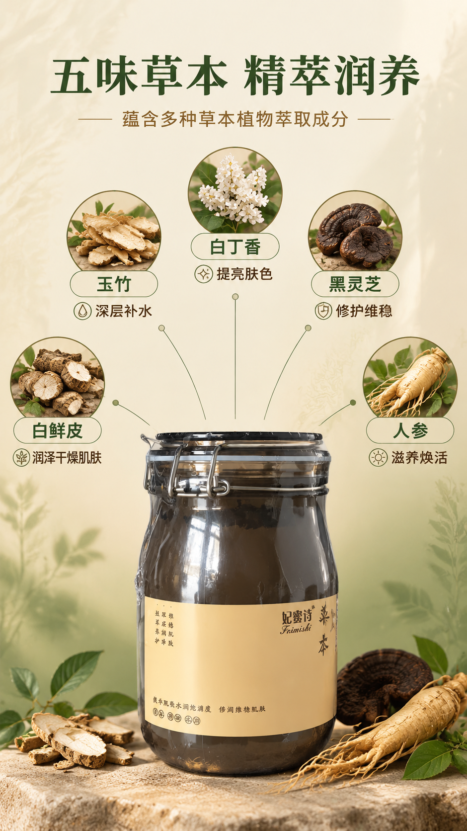 [主图-2] 核心成分解析主题，展示五种草本植物成分及其对应功… - 图片创意预览