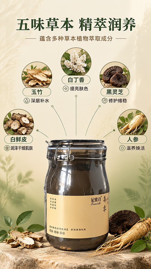 [主图-2] 核心成分解析主题，展示五种草本植物成分及其对应功效，突出成分可视化专业感。
[统一基调] 整体风格为东方草本温润高级感，背景主色为温润米杏色与深草木绿渐变，标题字色为深草木绿，辅助字色为暖棕色，强调色为金棕色，字体样式为干净非衬线体，字号层级分明，卡片与图标采用细线描边与柔和圆角样式。
[画面] 产品罐身放置在画面底部中央偏下位置，占画面约35%，正面朝向观众。画面上半部分为成分解析区域，采用环形环绕式布局，五种草本成分均匀分布在产品上方半圆形区域内，每种成分配有真实的草本植物原料图和对应的功效说明。从左到右依次为：白鲜皮配润泽干燥肌肤、玉竹配深层补水、白丁香配提亮肤色、黑灵芝配修护维稳、人参配滋养焕活。每种成分用细线优雅地连接到产品罐身，形成成分从植物萃取进入产品的视觉关系。成分植物图为真实摄影质感的草本原料，有自然的光影。背景是柔和的米杏色渐变，带有细微的草本叶脉纹理暗纹。
[光影质感] 商业摄影质感，柔和均匀布光，成分植物有自然的立体感与阴影，产品罐身保持清晰的高光与标签文字，整体画面通透干净。
[配色] 主色米杏色与深草木绿，辅助色暖棕色，成分图标用细线深草木绿描边，功效文字暖棕色。
[文字版式] 画面顶部大标题：五味草本 精萃润养，深草木绿色，字号最大最粗。标题下方小字：蕴含多种草本植物萃取成分，暖棕色。五种成分各自配有名称与功效说明文字，名称深草木绿色，功效暖棕色，字号较小。文字均放在负空间，不遮挡产品。
[输出要求] 比例9:16，文字清晰可读，产品清晰完整，成分植物清晰，无变形，无错字，无模糊，无杂乱，无水印，无平台Logo。