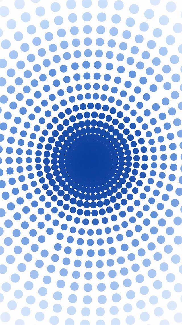 圆形渐变点阵图案，白色背景，由中心向外呈放射状分布，圆点从中心的深蓝色逐渐过渡到外围的浅蓝色，圆点大小从中心向外逐渐变小，整体形成均匀的渐变效果，无文字和其他元素，简洁现代的抽象几何设计。