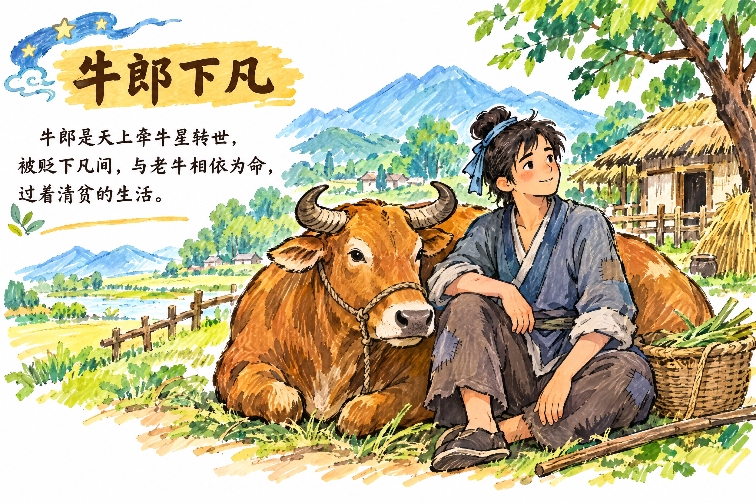 马克笔手绘风格，白底手绘风，牛郎织女故事第二页——牛郎下凡。画… - 图片创意预览