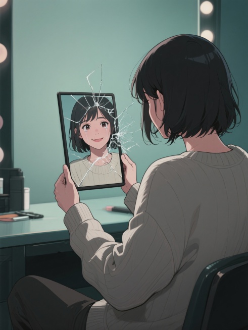叶轻语，26岁女明星，独自坐在昏暗的化妆间，身穿素色毛衣，素颜，手中握着一面裂开的镜子。镜中映出她微笑营业的模样，而真实的她眼中含泪。浅景深，电影感，情感张力强，8K超清。
风格：情感现实主义，明星幕预览效果