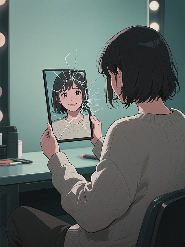 叶轻语，26岁女明星，独自坐在昏暗的化妆间，身穿素色毛衣，素颜，手中握着一面裂开的镜子。镜中映出她微笑营业的模样，而真实的她眼中含泪。浅景深，电影感，情感张力强，8K超清。
风格：情感现实主义，明星幕后，心理深度。