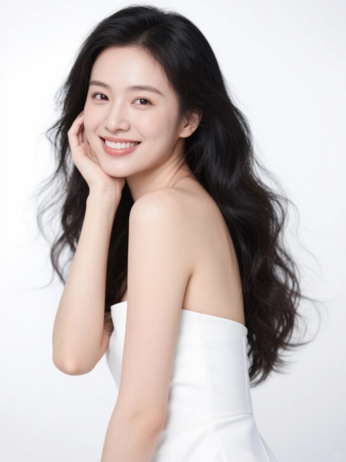 高清晰商业人像摄影，白色纯色背景，一位年轻女性，黑色长卷发自然垂落，发丝有轻盈飘逸感，穿着简约白色抹胸裙，侧身姿态，一手托腮，面部朝向镜头，微笑表情，明亮有神的双眼，自然通透的妆容，柔和均匀的光线，无明显阴影，皮肤质感细腻光滑，整体画面干净简洁，突出人物主体，专业美妆护肤广告风格，高分辨率，细节清晰。预览效果