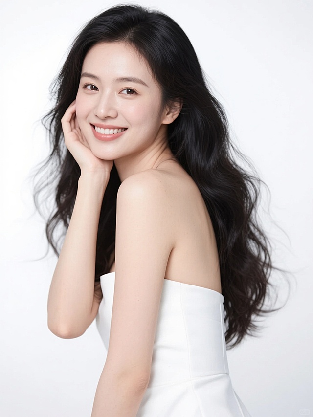 高清晰商业人像摄影，白色纯色背景，一位年轻女性，黑色长卷发自然垂落，发丝有轻盈飘逸感，穿着简约白色抹胸裙，侧身姿态，一手托腮，面部朝向镜头，微笑表情，明亮有神的双眼，自然通透的妆容，柔和均匀的光线，无明显阴影，皮肤质感细腻光滑，整体画面干净简洁，突出人物主体，专业美妆护肤广告风格，高分辨率，细节清晰。