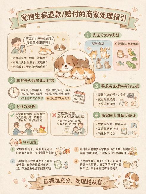 「图片1」内容;"买家说“宠物生病了，要退款/赔医药费”
场景描述
买家常见说法一般是：
- “到家后咳嗽、拉稀、没精神”
- “刚养几天就生病了，要退钱”
- “医院看了，要求你赔治疗费”
商家应该预览效果