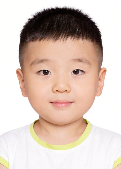 保留第一张图中人物发型、脸型、年龄特征生成标准样式纯正面儿童证件照；人物主体严格居中，头部大小与位置严格对齐第二张图，双肩水平平衡，面部中轴线对齐画面中心，正视前方；标准儿童证件照构图，人物绝对居中，预览效果