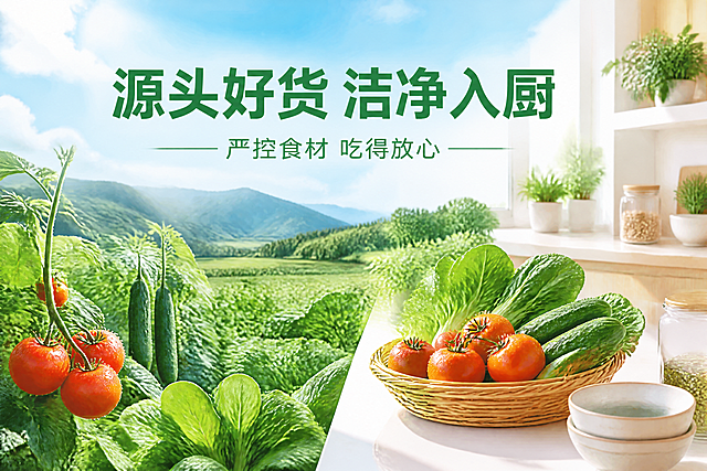电商轮播主图，新鲜蔬菜产地直供主题。画面左侧为蓝天白云下的有机菜地场景，绿油油的菜地里生长着红彤彤的西红柿、翠绿的黄瓜藤蔓、鲜嫩的青菜，菜叶上带着晶莹的水珠，阳光透过云层洒下温暖的光芒，远处是连绵的青山和湛蓝的天空飘着朵朵白云。画面右侧自然过渡到清新的现代厨房场景，白色大理石台面，浅木色橱柜，台面上摆放着一篮刚采摘的新鲜蔬菜（西红柿、黄瓜、青菜），旁边有陶瓷碗、玻璃罐等厨房用品，窗台上有绿植点缀，整体光线明亮通透。画面中央偏上位置有醒目大字标题"源头好货 洁净入厨"，字体为粗体无衬线中文字，深绿色，字号大且清晰；标题下方有稍小的辅助文字"严控食材 吃得放心"，字体为细黑体，墨绿色。整体风格清新大气、自然健康，蓝绿为主色调，画面干净高级，商业摄影质感，超高清，文字清晰锐利不模糊。