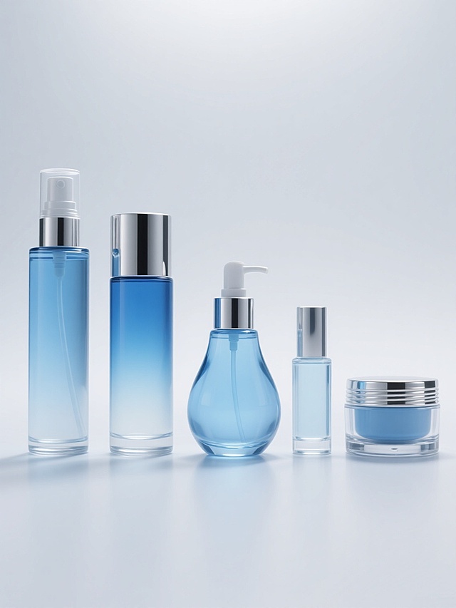 高清晰3D渲染的护肤品展示图，白色纯净背景，五款不同样式和类型的护肤品整齐排列，从左到右依次为：高瘦圆柱形透明蓝色玻璃喷雾瓶配银色按压泵头、中等高度圆柱形半透明渐变蓝玻璃喷雾瓶配银色金属盖、矮胖梨形透明蓝色玻璃喷雾瓶配银色按压泵、小巧圆柱形透明玻璃喷雾瓶配银色泵头、以及矮圆罐状透明玻璃面霜瓶配银色螺旋盖。所有瓶身具有光滑细腻的玻璃质感，内部液体呈现清澈的淡蓝色或透明色，瓶盖和泵头为高反光金属材质，带有细腻的光影反射和高光点。整体画面采用柔和的顶部光源，在瓶身底部形成轻微的阴影，增强立体感，构图对称平衡，视觉层级清晰，突出产品的高端质感和纯净简约的设计风格，信息传达直接高效，符合护肤品广告的目标受众审美。