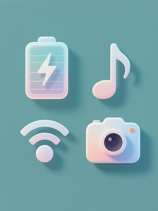 纯色背景上，四个软3D风格图标呈规整排布的系列素材集合，每个图标都有平滑的渐变质感、柔和的光影效果和轻微的立体凸起，整体色彩变换为清新明快的色调。从左到右、从上到下分别是：电池图标，呈矩形，顶部有小突起，内部有水平条纹和闪电符号；音符图标，是一个带有符干和符尾的八分音符；WiFi图标，由一个圆点和向上发散的三条弧线组成；相机图标，呈方形，正面有圆形镜头和快门按钮。所有图标边缘圆润，色彩和谐统一，具有现代设计感。