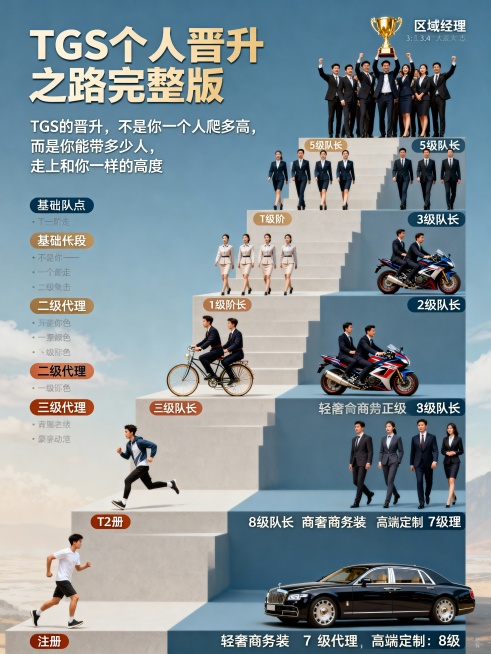 ===========TGS个人晋升之路完整版 =========
TGS 的晋升，不是你一个人爬多高，而是你能带多少人，走上和你一样的高度
注册
  ↓
T1-S
  ↓
T2
T2
 ├─ 邀请预览效果