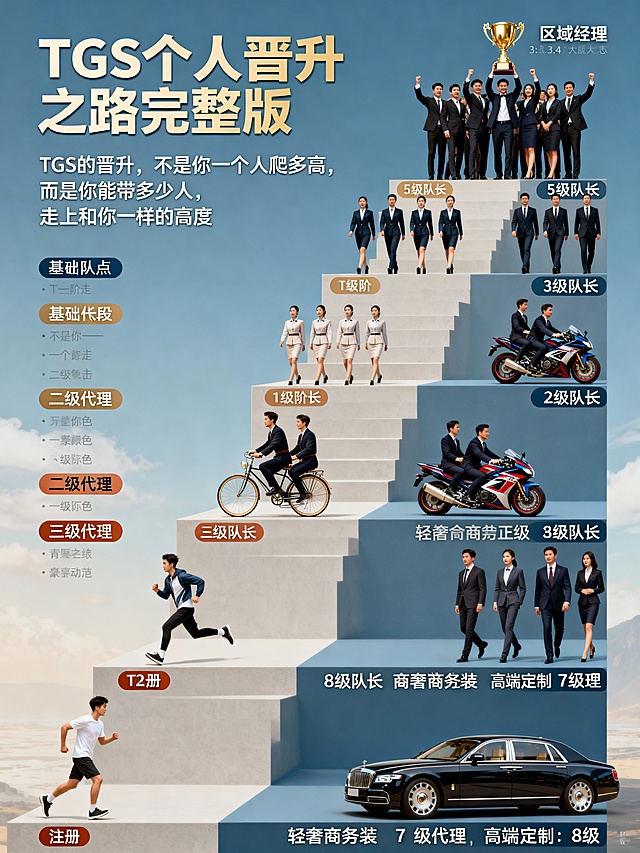 ===========TGS个人晋升之路完整版 =========
TGS 的晋升，不是你一个人爬多高，而是你能带多少人，走上和你一样的高度
注册
  ↓
T1-S
  ↓
T2
T2
 ├─ 邀请 1 人 → 强化 T2【初级】
 ├─ 邀请 2 人 → 强化 T2【高级】
 └─ 邀请 3 人 → 强化 T2【终极】
        ↓
       T3
T3
 ├─ 邀请 1 人 → 强化 T3【初级】
 ├─ 邀请 2 人 → 强化 T3【高级】
 └─ 邀请 3 人 → 强化 T3【终极】
        ↓
邀请 5 人
        ↓
晋升【1 级队长】
【1 级队长】
 └─ 帮助小队 L1 成员 2 人 → 成为【1 级】
        ↓
【2 级队长】
 └─ 帮助小队 L1 成员 2 人 → 成为【2 级】
        ↓
【3 级队长】
 └─ 帮助小队 L1 成员 2 人 → 成为【3 级】
        ↓
【4 级队长】
 └─ 帮助小队 L1 成员 2 人 → 成为【4 级】
        ↓
【5 级队长】
 └─ 帮助小队 L1 成员 2 人 → 成为【5 级】
        ↓
【6 级队长】
 └─ 帮助小队 L1 成员 2 人 → 成为【6 级】
        ↓
【7 级队长】
 └─ 帮助小队 L1 成员 2 人 → 成为【7 级】
        ↓
【8 级队长】
 └─ 帮助小队 L1 成员 2 人 → 成为【8 级】
        ↓
【9 级队长】
＝【区域经理】
最好是有标识 人物  衣着 或者颜色却分

一个人开始艰难的步行——- 升级到T3开始跑起来——-晋升代理后开始  5个人一起走——-2级代理—-两个1级代理和一个二级代理一起骑车 ——3级代理 2二级代理和一个3级代理 一起骑摩托车 ——-这样上升—-8级代理 2个7级代理和一个8级代理 开豪车—- ——区域经理 （很多人一起举起奖杯）
请根据以上内容创意一张海报