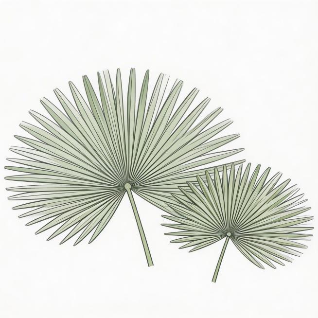 参考两张图片中的棕榈树叶，生成棕榈树叶子的矢量图，保留棕榈树叶掌状开裂的结构形态，线条干净流畅，造型清晰简约，纯矢量风格，白色背景，适合设计使用预览效果