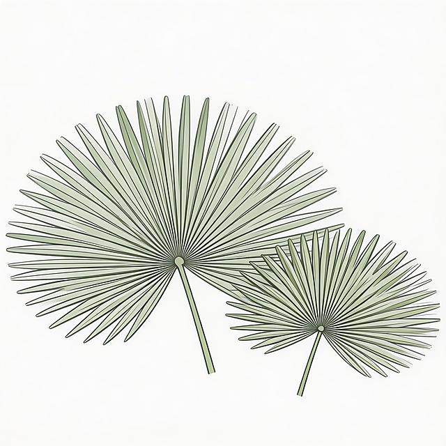 参考两张图片中的棕榈树叶，生成棕榈树叶子的矢量图，保留棕榈树叶掌状开裂的结构形态，线条干净流畅，造型清晰简约，纯矢量风格，白色背景，适合设计使用