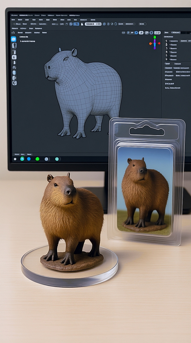 科技感十足的3D角色设计，展示水豚的精细建模与渲染，体现现代3D风创意。