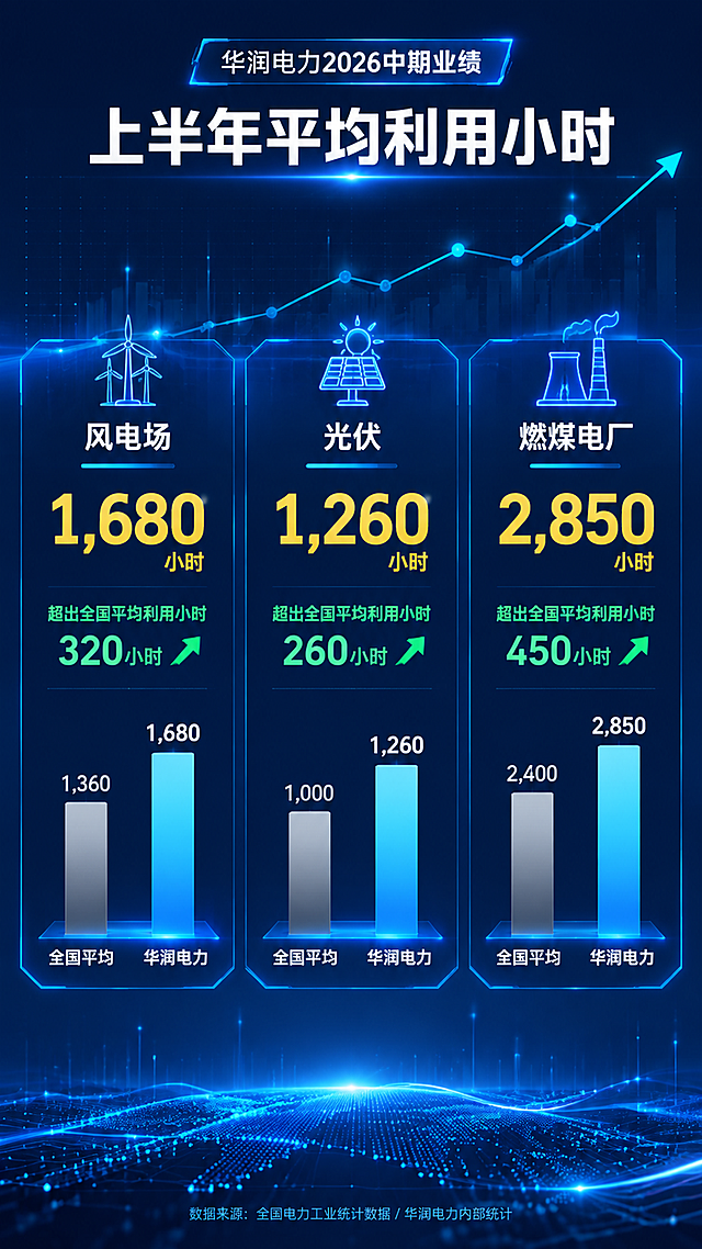 [第7张] 华润电力2026中期业绩-平均利用小时运营效率页。企业业绩长图内页，非实物商品。
[氛围/风格] 电力科技风，专业数据可视化，深蓝背景，延续统一科技风格。
[元素布局] 顶部小标题，中部三列并排展示风电场、光伏、燃煤电厂的上半年平均利用小时数据，每列下方配有超出全国平均利用小时的对比数据；配有柱状图或仪表盘可视化图形；背景有数据网格、上升趋势线、发光粒子装饰。
[光影质感] 冷色调科技光，数据图表有发光效果，整体清晰专业。
[配色色系] 全局底色 #0F2147 深蓝渐变；主色 #00D4FF 电光蓝；辅助色 #FFFFFF 白色、#FFD700 金色大数字、#00FF88 绿色超出标识。
[视角构图] 竖版居中布局，三列数据并排对称，阅读动线从上到下。
[文字版式] 顶部小标题「上半年平均利用小时」白色粗体；三列并排：第一列「风电场 XX小时」金色大数字，下方「超出全国平均利用小时 XX小时」绿色小字+向上箭头；第二列「光伏 XX小时」金色大数字，下方同样式超出数据；第三列「燃煤电厂 XX小时」金色大数字，下方同样式超出数据；每列配有简易柱状对比图辅助可视化。
[负向提示词] 变形，水印，文字错乱，文字过小，模糊，杂乱背景，人物，商品实物。