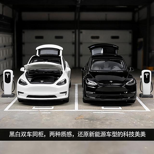 双车位车库微缩场景，搭配车位线和充电桩道具，白色特斯拉车模和黑色特斯拉车模并排停放，左侧白色车款前备箱打开，右侧黑色车款后备箱打开，形成对称对比，平视正前方镜头居中拍摄，两车同框，背景虚化车库细节，顶部柔光均匀打光，突出两车不同漆面的质感差异，展现两款配色的视觉对比，传递收藏级展示效果，底部配文案"黑白双车同框，两种质感，还原新能源车型的科技美学"