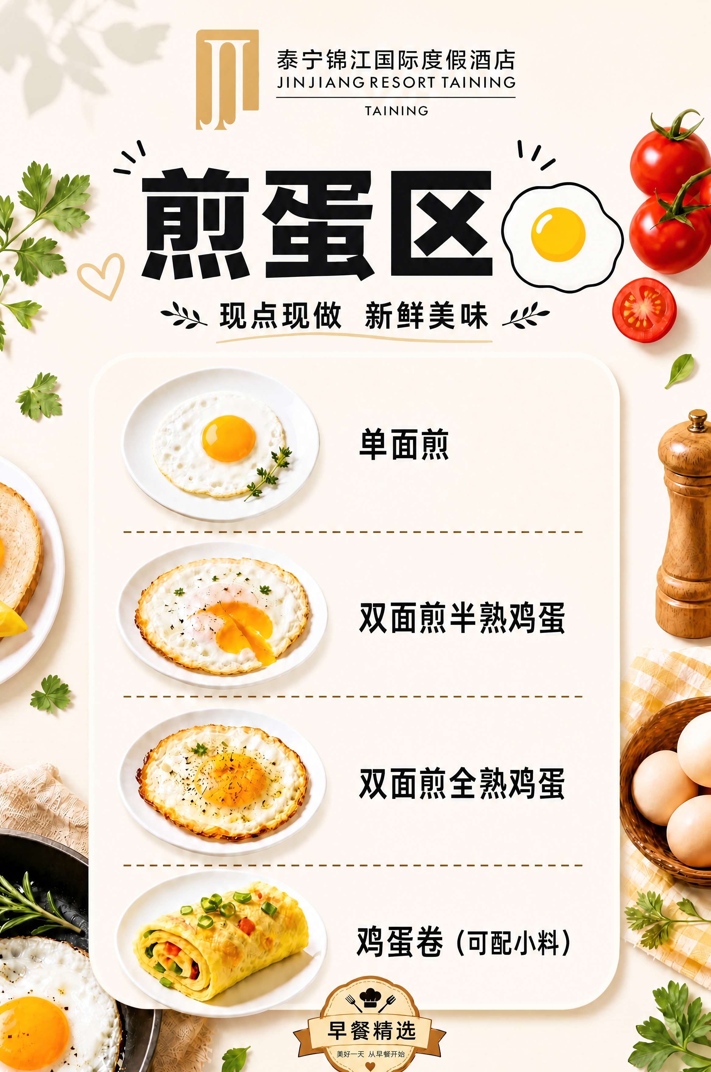 将这张煎蛋区菜单海报的背景色调调整为浅色系，背景改为柔和的浅米… - 图片创意预览