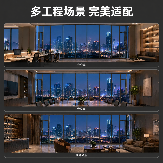 [主图-4] 70极窄断桥平开窗多场景适配展示。
[氛围风格] 丰富真实案例展示，专业实用感；
[画质] 高清商业摄影，每个场景清晰自然。
[元素] 使用原产品窗型，保持产品外观材质一致。采用三宫格构预览效果