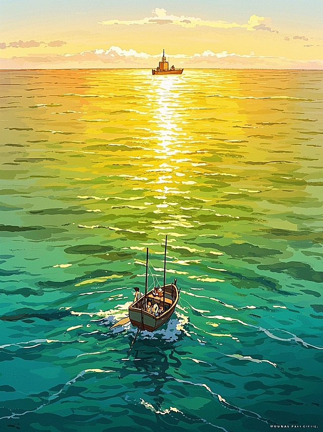 水彩风插画，宽阔海面映衬梦幻落日，清新色彩营造浪漫氛围。