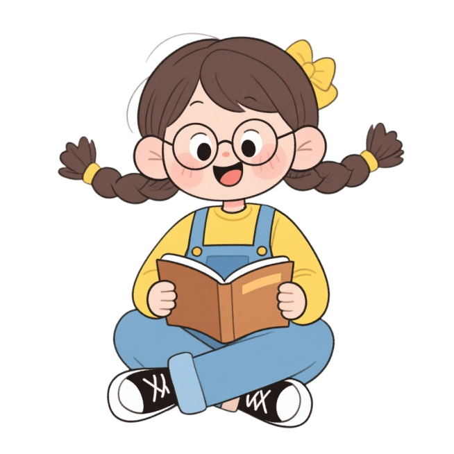 画面中心是个活泼可爱的小女孩：她梳着双麻花辫，扎着黄色发饰，戴着圆框眼镜，穿黄色上衣和蓝色背带裤，睁着圆溜溜的大眼睛、张着嘴，露出开心的表情，脚踩黑白色休闲鞋，盘腿坐着，手里还捧着本棕色小书专注阅读～预览效果