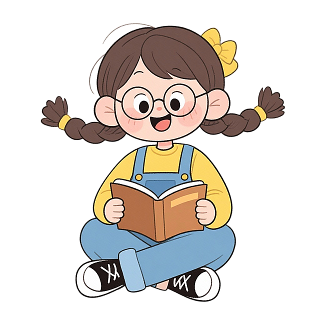 画面中心是个活泼可爱的小女孩：她梳着双麻花辫，扎着黄色发饰，戴着圆框眼镜，穿黄色上衣和蓝色背带裤，睁着圆溜溜的大眼睛、张着嘴，露出开心的表情，脚踩黑白色休闲鞋，盘腿坐着，手里还捧着本棕色小书专注阅读～纯白色背景，周围还飘着 5、3、4 这些数字和小符号，整体氛围特别轻快，一看就是和数学学习相关的童趣画面～，纯白色背景