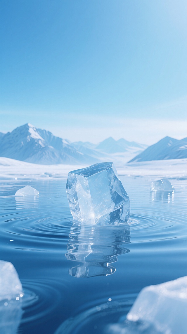 超写实风格冰雪背景，清澈透明的冰块漂浮在波光粼粼的冰蓝色水面上，冰块表面有自然的棱角与晶莹的反光，远处是层叠的雪山剪影在湛蓝渐变天空下若隐若现，整体画面呈现出极致的通透感与纯净的冷色调，光线明亮柔和，营造出宁静、清凉、开阔的冰雪世界氛围，水面有细腻的波纹与冰块倒影，细节丰富，质感真实。