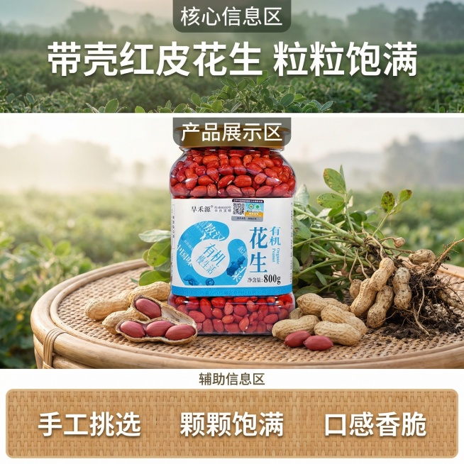 对话图片




帮我生成6张电商主图,室外背景是花生种植田园,产品放在桌子上,桌子上摆放着拔出来的花生和枝叶,花生是摘下来的带壳花生,有个带壳剥开后四颗并排的红皮花生整体预览效果