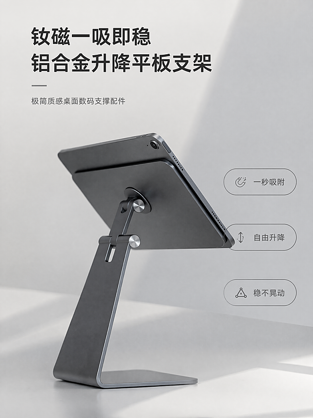 [第1屏] 详情页首屏主视觉，展示深空银磁吸铝合金升降平板支架全貌，搭配三大核心卖点总览。本屏使用【图1】作为商品主体，保持产品结构、材质、颜色与输入产品图一致。
[氛围/风格] 简约高级科技风，商业摄影质感，低饱和干净配色，突出产品质感
[元素布局] 产品放在画面中心偏下位置，占比约70%，左上角预留文字区域，背景为浅灰渐变桌面场景，增加桌面光影层次，产品轮廓清晰，保持磁吸支架和吸附平板的物理结构准确
[光影质感] 左侧柔光主照明，右侧自然辅光，产品底部柔和投影，金属材质高光清晰，明暗层次分明
[配色色系] 全局底色 #F5F5F5；主体深空灰支架搭配银色转轴装饰；文字用深灰和黑色，保证可读性
[视角构图] 45度斜侧视角，产品为绝对视觉中心，阅读动线从上到下，左上标题文字，中部产品展示，底部卖点标注
[文字版式] 主标题 "钕磁一吸即稳 铝合金升降平板支架" 左上加粗大字体；副标题 "极简质感桌面数码支撑配件" 在主标题下方小一号字体；三个核心卖点胶囊分别标注："一秒吸附"、"自由升降"、"稳不晃动"，分布在产品右侧；文字不遮挡产品主体，清晰可读
[比例分辨率] 宽高比3:4，宽度1440像素，高度1920像素，4K分辨率，文字清晰可辨
[负向提示词] 产品变形，缺件错件，颜色偏差，结构错误，文字错乱，文字过小，水印，背景杂乱