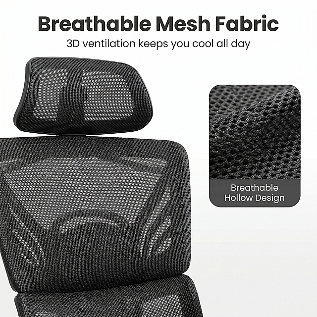 [Main image 2] Breathable mesh backrest function introduction. [Atmosphere style] Professional functional display, clean business style. [Quality] Commercial photography texture, soft and transparent light, clear and real product, clean and advanced picture. [Elements] Close-up of the backrest of the office chair, showing the breathable mesh material, keep the product appearance (physical structure, material texture, color) absolutely consistent with the input product image, eliminate any deformation and color difference, fine processing. The product accounts for 70% of the frame, pure white background. [Light and shadow] Soft side light highlights the mesh hollow texture, uniform shadow transition. [Color matching] Main color black gray mesh, background pure white. [Perspective composition] Close-up front view, focus on the backrest mesh. [Text layout] Top center large title "Breathable Mesh Fabric", small text "3D ventilation keeps you cool all day", right side details of mesh texture close-up in a rounded picture box, label "Breathable Hollow Design" in the picture box. Text does not cover key product subjects, strong contrast. [Proportional resolution] 1:1 ratio, 2k resolution, clear text, ultra high definition. [Negative prompt] Deformation, watermark, text disorder, blurred product image, messy background.