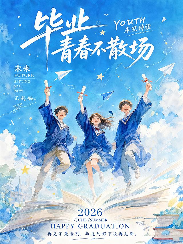 竖版毕业季海报，治愈水彩插画风格，主色调为晴空蓝+白色，整体清新梦幻，8K质感。主体画面：三个穿着学士服的学生从一本巨大的书本上跳跃而起，高举毕业证书，背景是蓝天白云与飞舞的纸飞机、星星，营造“未来起航”的毕业氛围。文字排版：顶部：白色毛笔大字"毕业 青春不散场"，搭配英文"YOUTH 未完待续"。左侧：文案"未来 FUTURE SETTING SAIL NOW 正起航。"。底部："2026 /JUNE /SUMMER"，搭配英文"HAPPY GRADUATION"，文案"再见不是告别，而是约好下次再见面。"。整体风格：治愈水彩风、清新梦幻、未来起航主题、毕业季海报。