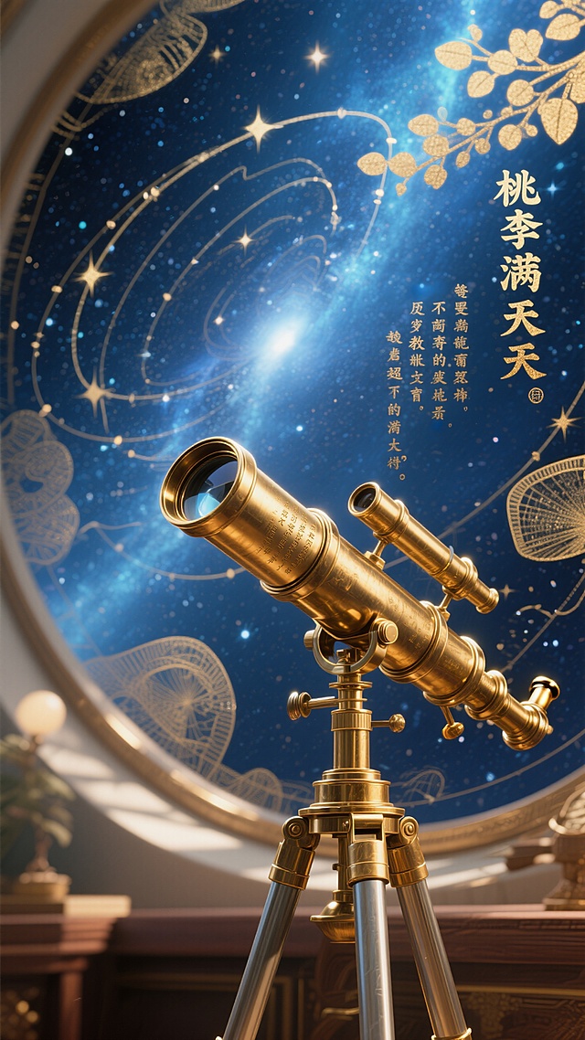鎏金望远镜映衬星空，梦幻古典插画风，唯美感十足，超现实主义设计。