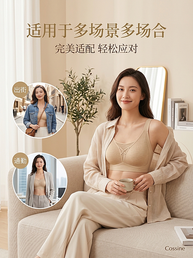 多场景适配展示，女模特居家沙发上展示上身，左侧两个圆形小图分别展示出街和通勤场景，搭配简约家居装饰，浅暖米色居家背景，大标题适用于多场景多场合，副标题完美适配轻松应对，轻奢简约暖调风格