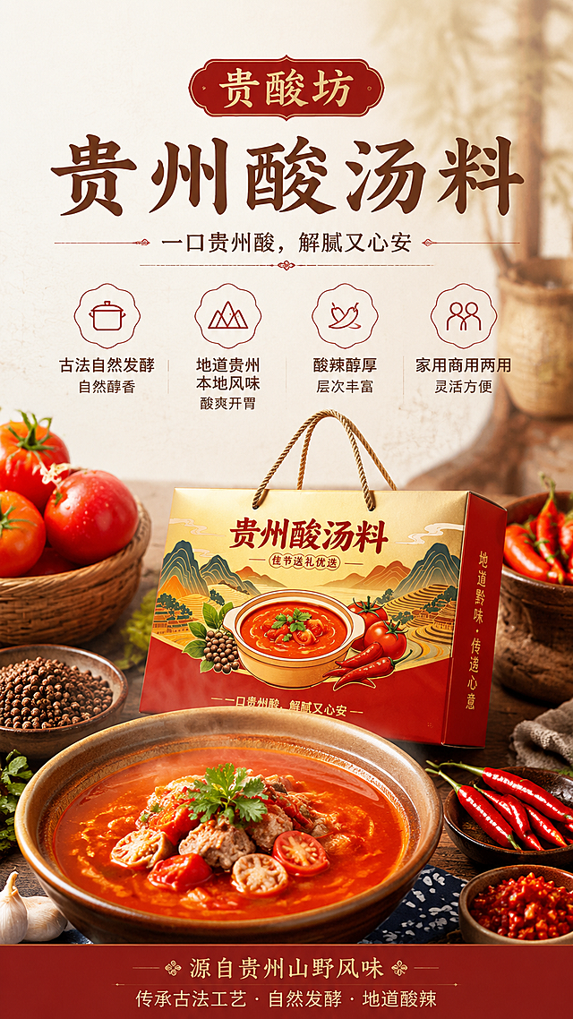 电商详情页核心卖点模块，贵酸坊贵州酸汤料，展示卖点："古法自然发酵，地道贵州本地风味，酸辣醇厚，家用商用两用"，画面清新有食欲，实景食材拍摄风格，古风黔式简约排版，自然光美食质感，高清细腻，无水印，适合淘宝抖音拼多多上架，竖版