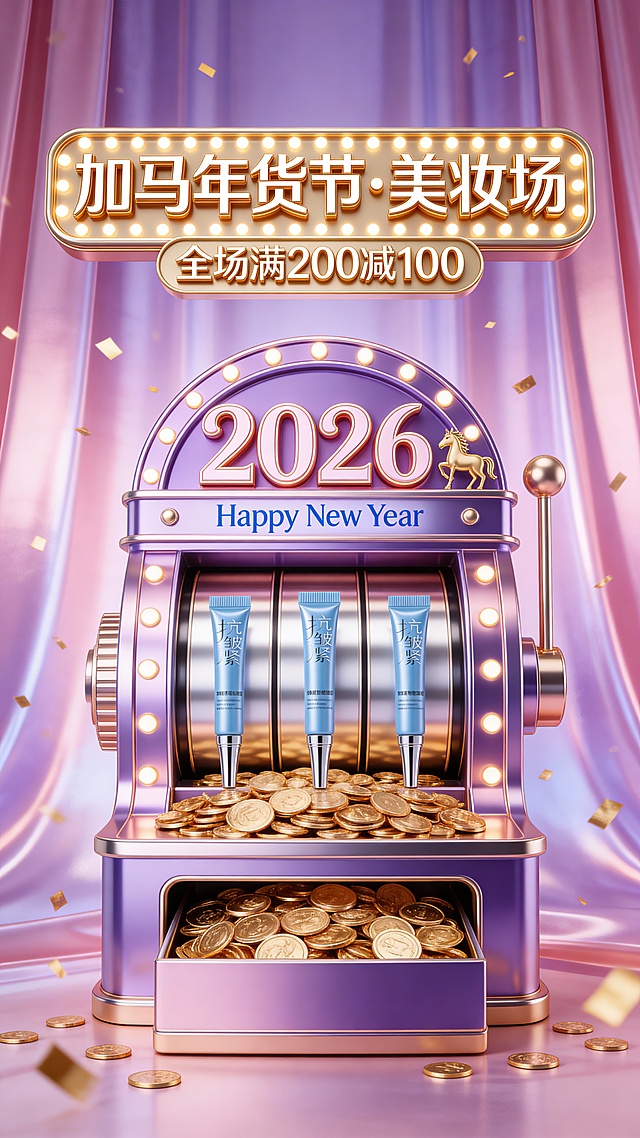 春节年货节美容美妆创意老虎机商品玩法海报