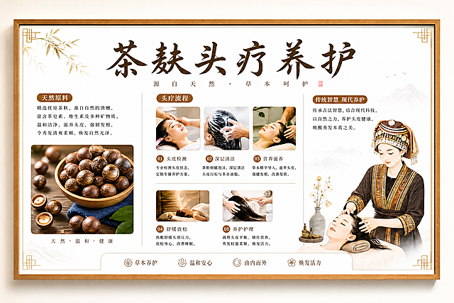 在原有海报版式基础上修改，调整整体颜色更加鲜艳饱和，将底色修改为偏蛋壳白的干净浅白色，把左侧茶麸原料区域替换为真实摄影的油茶籽图片，保持新中式高端简约风格，整体仍为安静疗愈的氛围，保留所有原有文案内容和排版结构
