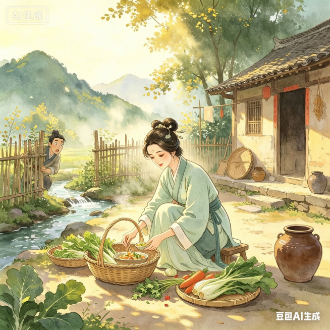 将图片中左侧篱笆旁的男人位置往左边移动一点，保持画面其他内容不变，保持古风水彩风格不变，保持乡村庭院洗菜场景不变预览效果