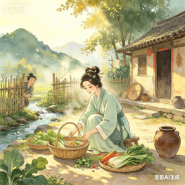 将图片中左侧篱笆旁的男人位置往左边移动一点，保持画面其他内容不变，保持古风水彩风格不变，保持乡村庭院洗菜场景不变