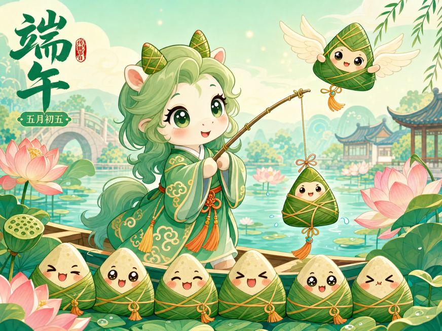 国潮扁平插画风格，画面中心是一只穿着绿色国风汉服的拟人化卡通小马，汉服带有祥云纹样、橙色腰带和流苏，头顶长着粽子造型小角，小马表情软萌，手持钓竿，鱼钩上挂着带笑脸的粽子，上方有一个长翅膀的粽子小精灵，预览效果