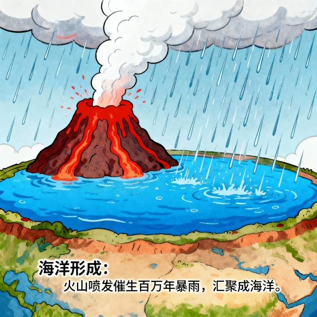 根据以下描述，生成卡通图片：

第1张图：我们人类地球大概已经有45.4亿岁，它刚出生的时候只是一颗由液体组成的球，这个球很胖很胖，过了一段时间之后慢慢冷却下来，形成了一层很坚硬的外壳。
第2张图：这预览效果