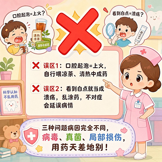 儿童科普漫画，误区警示主题，温和卡通风格，画面中央有醒目的红色大叉号，旁边列出两个常见错误做法，第一条前面有红色叉号写着"误区1：口腔起泡=上火，自行喂凉茶、清热中成药"，第二条前面有红色叉号写着"误区2：看到白点就当成溃疡，乱涂药，不对症会延误病情"，画面右侧一位穿粉色护士服的可爱护士姐姐表情认真地指着这些误区，画面底部有旁白文字框写着"三种问题病因完全不同，病毒、真菌、局部损伤，用药天差地别！"，整体色调温暖柔和，马卡龙色系，警示感明确但不恐怖，适合亲子科普阅读