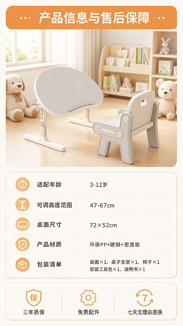 [第8屏] 规格参数与售后保障，展示产品详细信息。本屏使用【图1】产品整体图，保留外观颜色结构。
[氛围/风格] 信息卡片风，干净清晰，专业可信。
[元素布局] 产品图片在画面上半部分，占比约45%，下半部分是规格参数信息卡和售后保障图标，信息排版整齐不拥挤。
[光影质感] 均匀布光，产品清晰，文字可读，整体干净通透。
[配色色系] 全局底色：#F9F6F0，产品奶白+浅灰，暖橙色标题栏，深棕色参数文字。
[视角构图] 上图下文，上下分层构图，信息层级清晰，符合移动端阅读。
[文字版式] 顶部标题「产品信息与售后保障」，参数区域列出：适配年龄、可调高度范围、桌面尺寸、产品材质、包装清单，底部三个售后图标：「三年质保」「免费配件」「七天无理由退换」，每个图标配短标签，文字清晰整齐。
[比例分辨率] 9:16竖版比例，4K分辨率，文字清晰。
[负向提示词] 参数错误，产品变形，文字模糊，排版混乱，水印。
