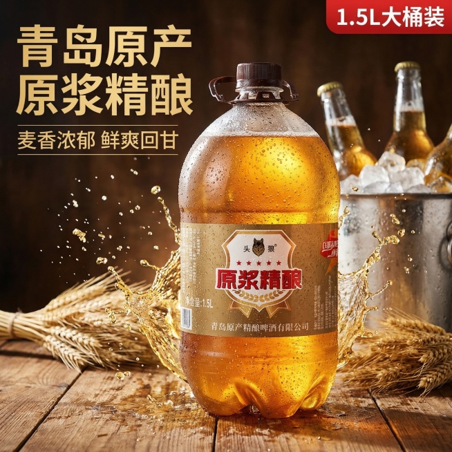 [主图主题] 头狼青岛原浆精酿啤酒首图
[氛围/风格] 食欲感夏日冰爽风格，大气吸睛，自然逆光，质感通透，新鲜冰爽
[画面元素] 1.5L桶装原浆精酿啤酒居中主体放置，桶身标签完整保留与原图一致，啤酒预览效果