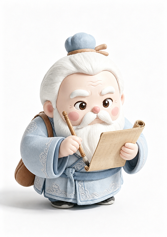 3D毛绒盲盒风格古风白胡子老爷爷，保留原图造型、服装、配色、发型不变，将动作改为一手拿着书简，一手拿着毛笔，脸上改为专注认真书写记录的表情，保持毛绒质感，纯白背景，柔和光影，其他细节不做改动